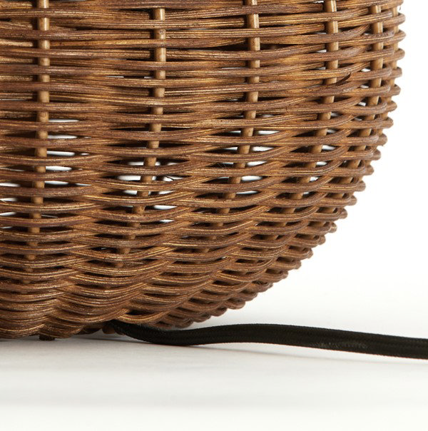 close up image of base of rattan lamp with black wire