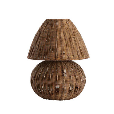 close up image cut out on white background of dark brown rattan lamp shade with large round hole cut out in top for light dispersion