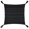 image cut out on white background of black square cushion with textured stripe front and tasselled corners