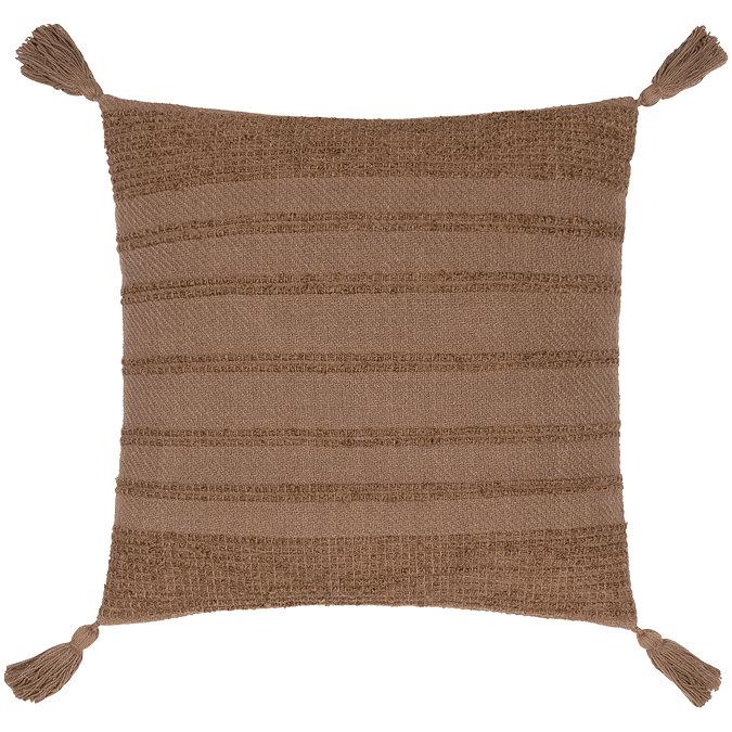 image cut out on white background of cocoa brown square tasselled cushion
