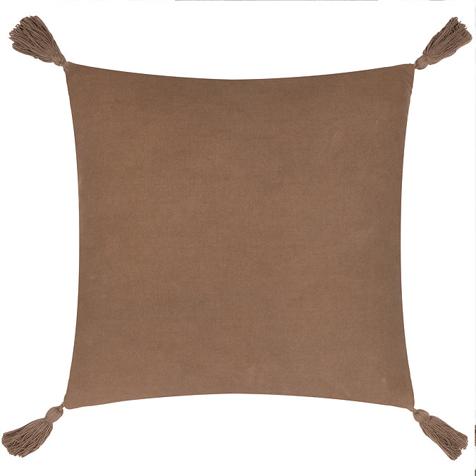 image of back of warm brown square cushion with tasselled corners
