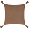 image of back of warm brown square cushion with tasselled corners