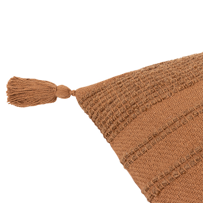 image cut out on white background of tasselled corner of dark orange cushion