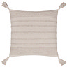 image cut out on white background of stone coloured tufted stripe front cushion with four tasselled corners