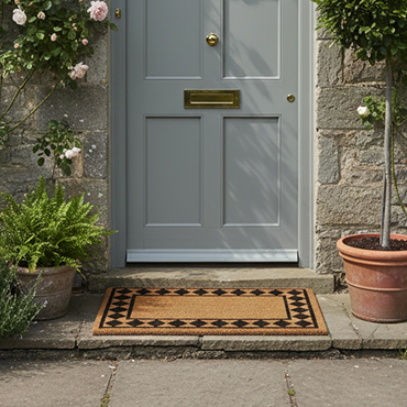 image cut out on white background of rectangular natural doormat with black diamond inner boarder
