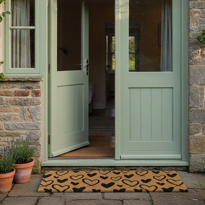 Large Hearts Doormat in Lifestyle Shot Outside Patio Doors
