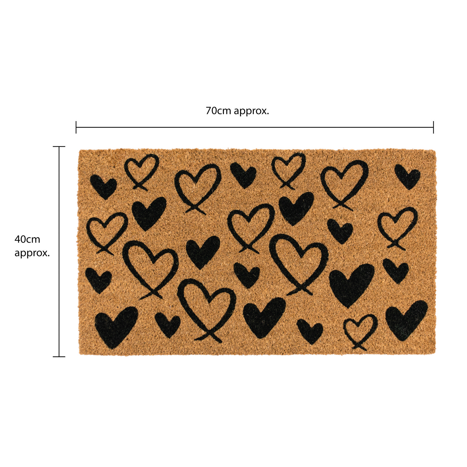 line dimensions image for rectangular doormat with black heart pattern