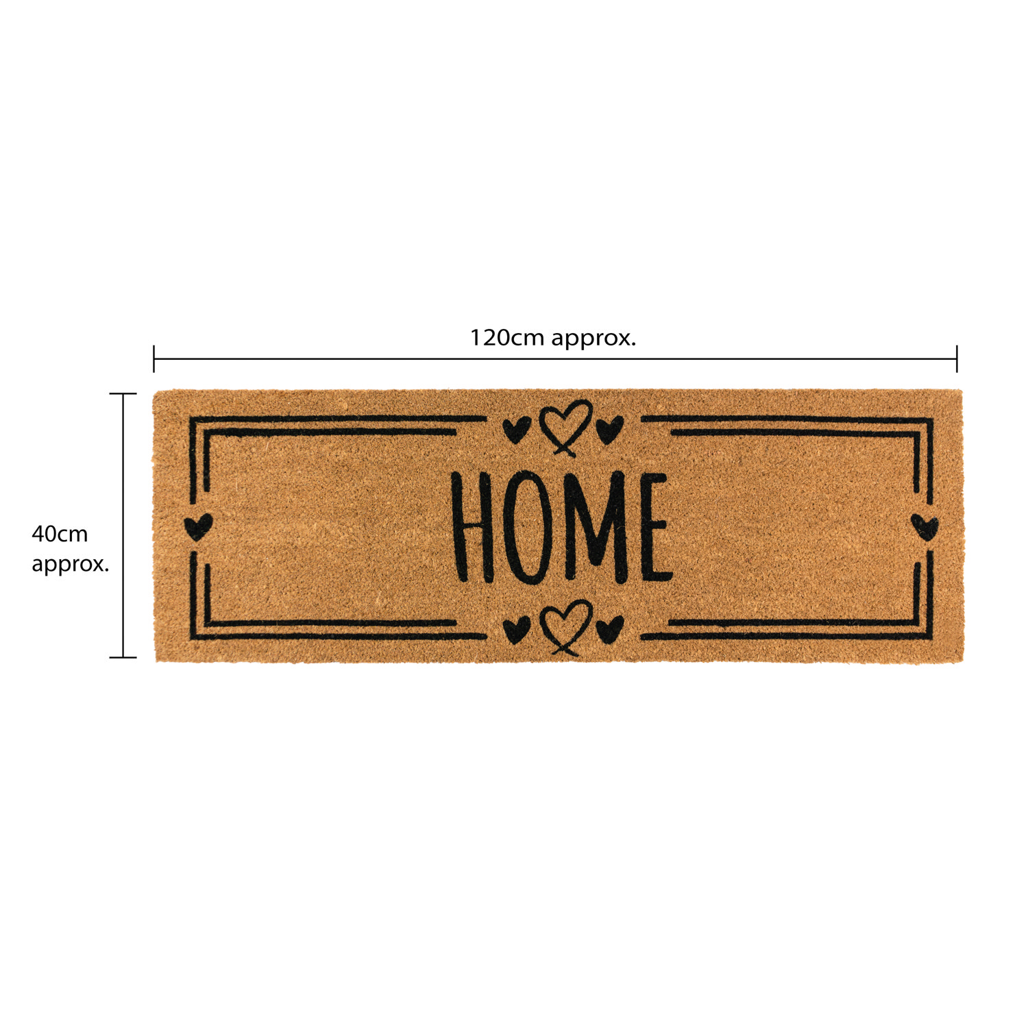 line dimensions image for long natural doormat with 'home' and border