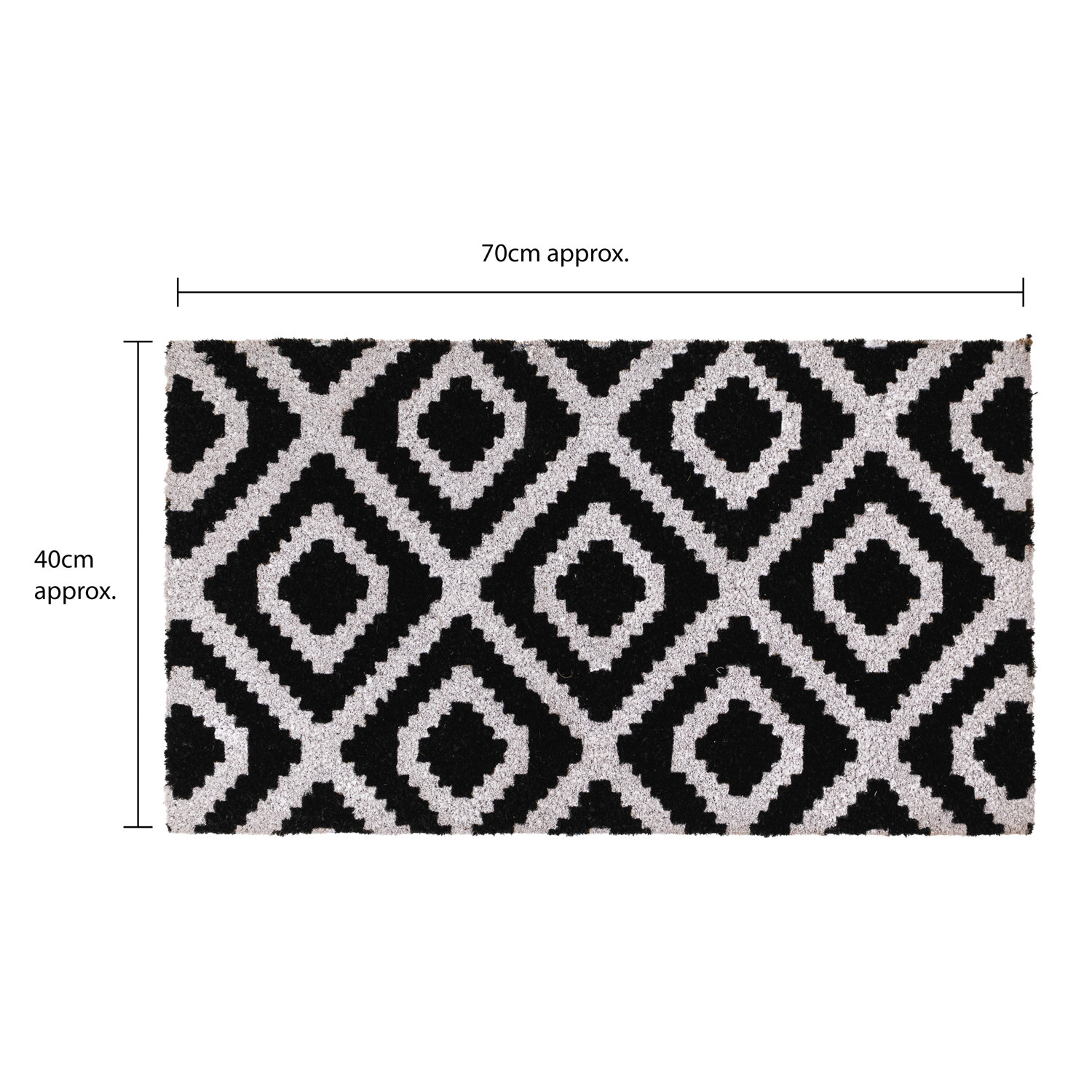 line dimensions image for rectangular black and white doormat with diamond pattern