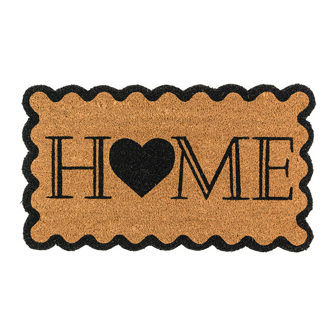 image cut out on white background of natural doormat with scalloped edges and home written in the centre