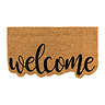 image cut out on white background of doormat with edge cut out to the shape of word 'welcome' in black