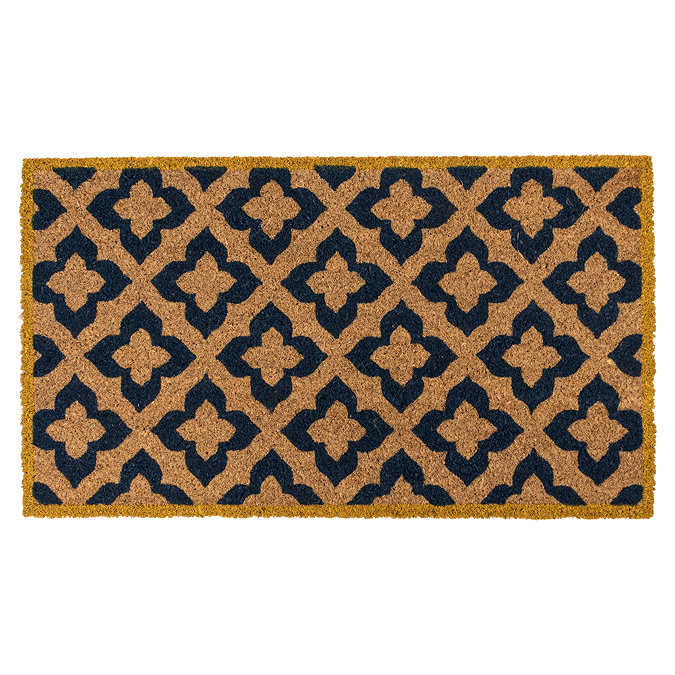 image cut out on white background of rectangular doormat with navy diamond pattern and mustard border