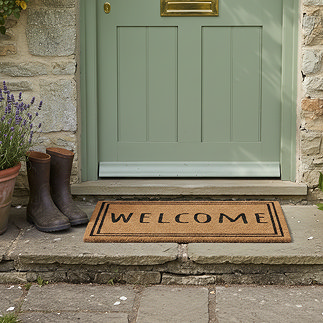 Welcome Doormat Lifestyle in front of Cottage Door