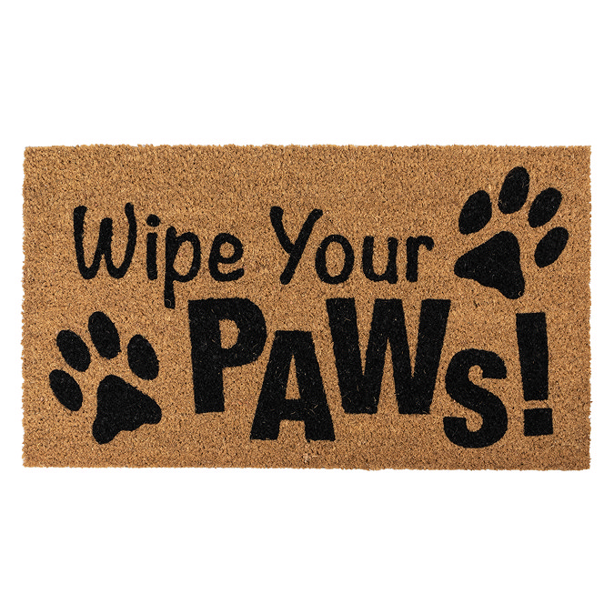 image cut out on white background of rectangular natural woven doormat with 'wipe your paws' written in black