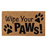 image cut out on white background of rectangular natural woven doormat with 'wipe your paws' written in black