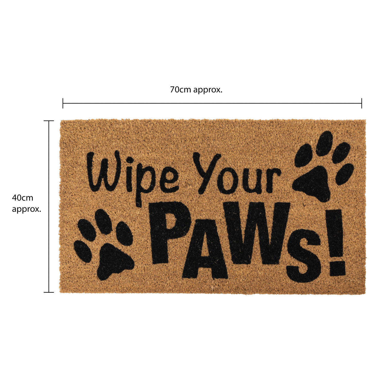 line dimensions image of natural woven doormat with 'wipe your paws' written in black on it