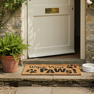 image cut out on white background of rectangular natural woven doormat with 'wipe your paws' written in black