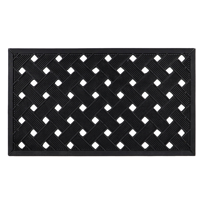 image cut out on white background of black and white latticed rubber scraper mat with white diamonds
