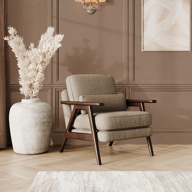 lifestyle image of mid-century accent chair in latte chenille-velvet fabric with warm wood frame