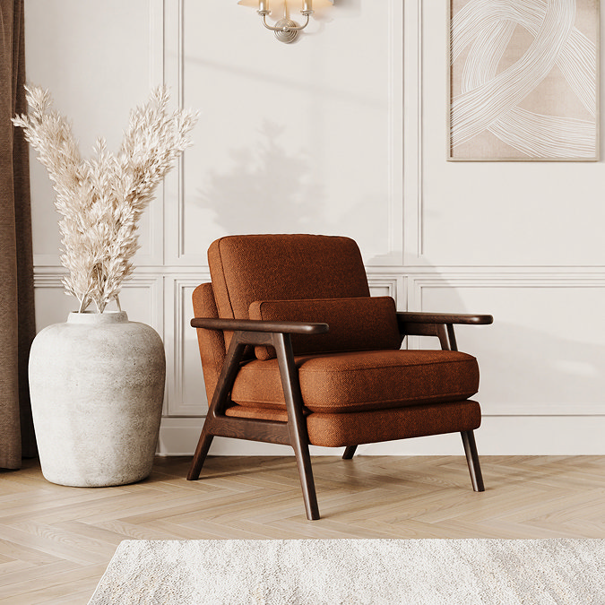 lifestyle image of mid-century accent chair in mandarin chenille-velvet fabric with warm wood frame