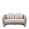front on image of two seat outdoor sofa with rattan sides and plush cream cushions