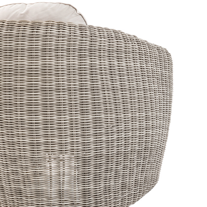 close up image on back of rattan curved single seat garden armchair