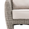 close up image of plush cream cushion of rattan garden armchair