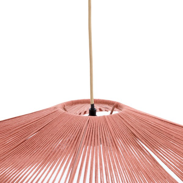 close up image cut out on white background of terracotta wavy woven lampshade, highlight where gold cable attaches to the shade