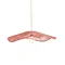 image cut out on white background of woven wavy terracotta lamp shade with long dangling pendant cord and warm bulb emitting glow