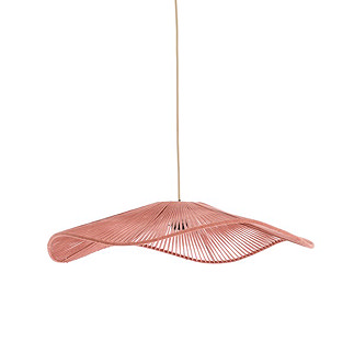 image of woven wavy lamp shade with long hanging cable, in terracotta colour