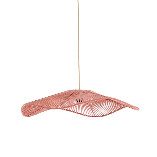 image of woven wavy lamp shade with long hanging cable, in terracotta colour