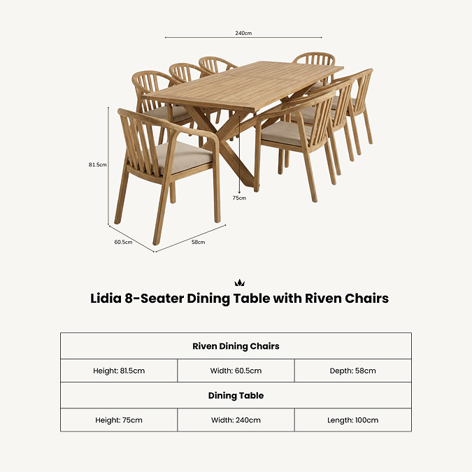 cut out image of 8 seat wood dining table with chairs, dimensions specification written at the bottom