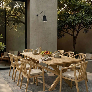 image of rectangular 8 seat acacia wood dining table on garden patio