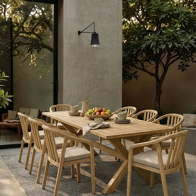 image of rectangular 8 seat acacia wood dining table on garden patio