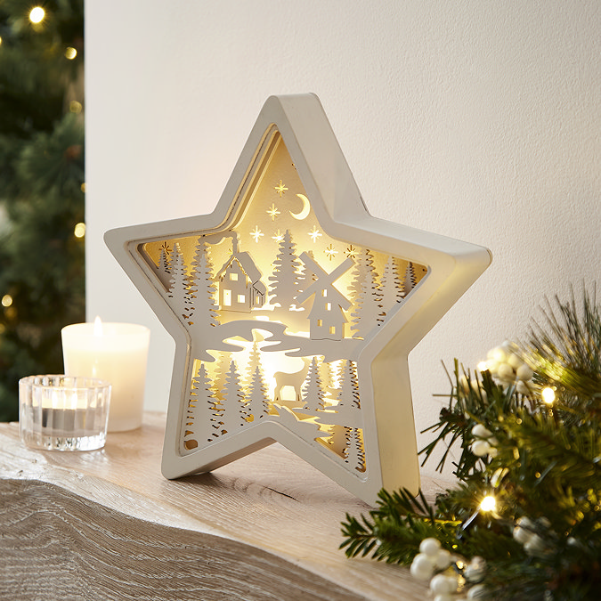 side-on image of white wooden star on mantlepiece