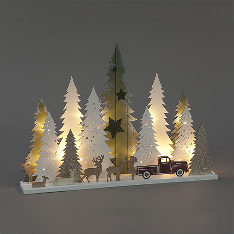 Wooden tree decoration, with multiple sized glittery trees, stars, and deer.
