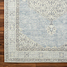 close up image of vintage rug in white and blue, focus on colour and texture