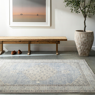 image of blue vintage patterned rug on grey floor in front of oak bench and potted plant