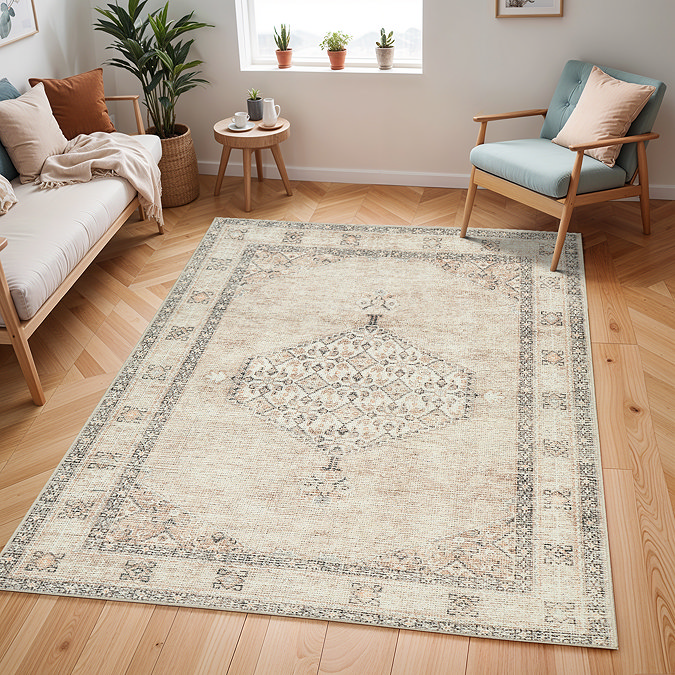 image of light brown vintage rug on wood flooring of modern apartment