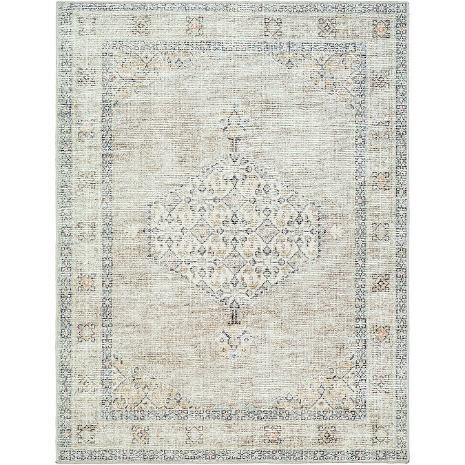image cut out on white background of grey vintage rug with floral patterns