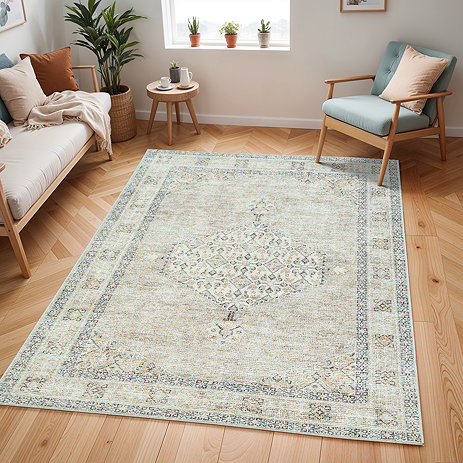image of grey vintage rug with floral and geometric patterns, on light wood flooring of modern apartment