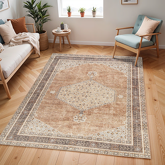 image of vintage tan and brown rug on light wood flooring of modern apartment