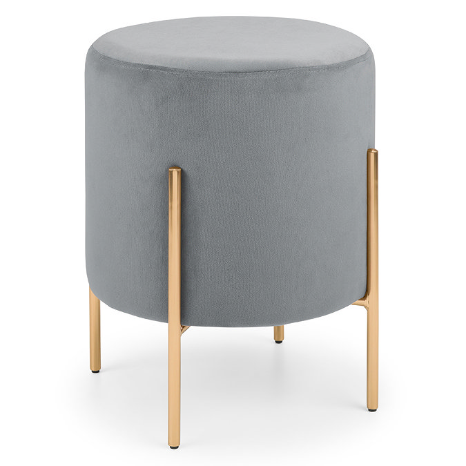 image of grey velvet rounded stool with gold legs, cut out on white background
