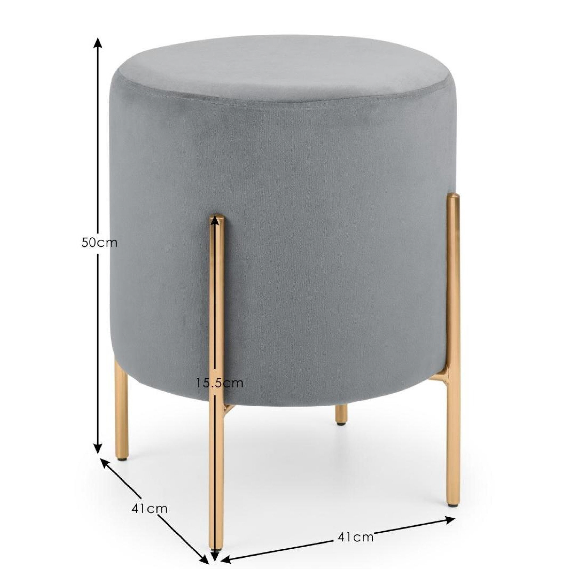 image of grey velvet stool with gold legs, cut out on white background with arrows and numbers indicating dimensions: 41x41x50cm.