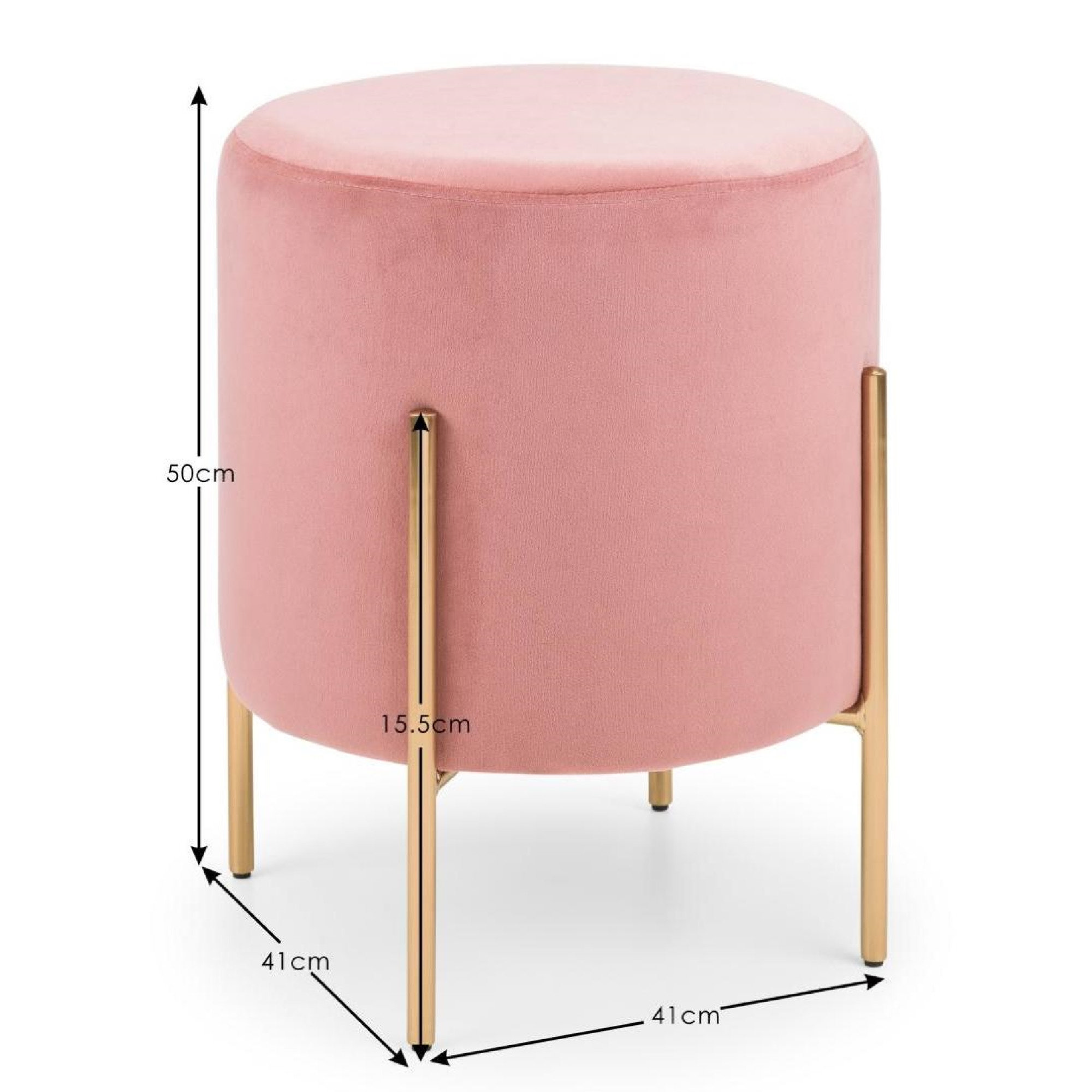 image of velvet pink pouffe with gold accent legs, cut out on white background with arrows and numbers indicating dimensions: 41x41x50cm.