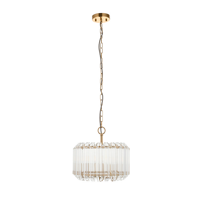image cut out on white background of chandelier-style pendant light with long brass chain