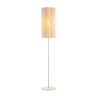 image cut out on white background of tall linen coloured floor lamp with bulb on emitting soft glow
