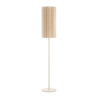 image cut out on white background of natural coloured floor lamp with cylindrical shade