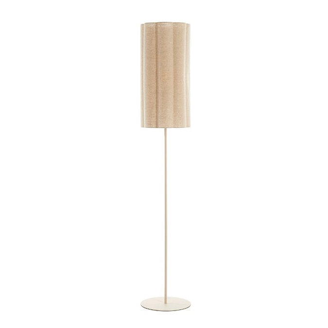 image cut out on white background of natural coloured floor lamp with cylindrical shade
