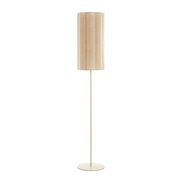 image cut out on white background of tall linen coloured floor lamp with bulb on emitting soft glow